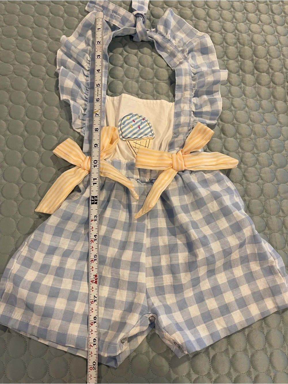 Marie Nicole Gingham Girls' Romper Blue Yellow Cotton Ice Cream Appliqué 2XS